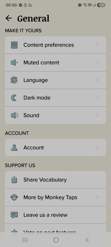 Harumal settings screen.